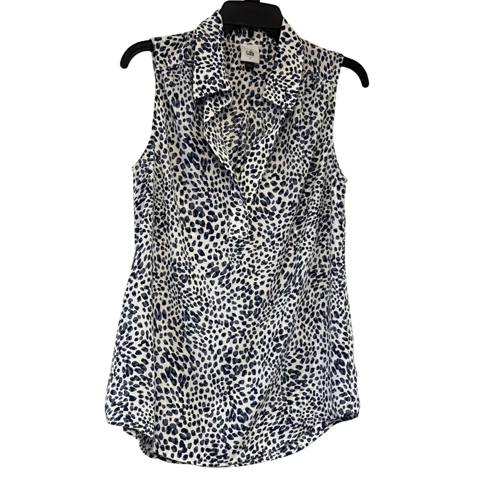 Cabi Blue and White Leopard Print Sleeveless Button Down Blouse